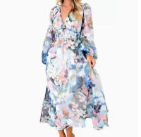 "Vestido Largo Bohemio Mujer 2025- Escote V Estampado Floral, Talle Alto, Mangas Largas, Moda Verano Boho Chic, Vestidos Hippies Elegantes para Festivales, Playa o Diario |   Envío Rápido Miravia" - details 30