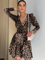 Estampado de leopardo con cuello en V ajustado verano otoño nuevo estampado manga larga vestido corto para mujer elegante - details 4