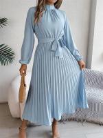Vestido plisado elegante con cuello levantado y manga larga y cintura cerrada para mujer, vestido largo de Otoño Invierno - details 35