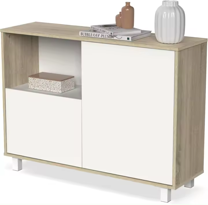 Taburete de Almacenamiento de Madera Roble Blanco Diseño de 2 Puertas y 1 Hueco - 1