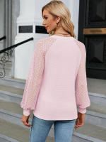 Camiseta holgada de manga larga para mujer, blusa informal de Color liso con costura de encaje y cuello en V, moda de primavera y otoño, 2023 - details 10