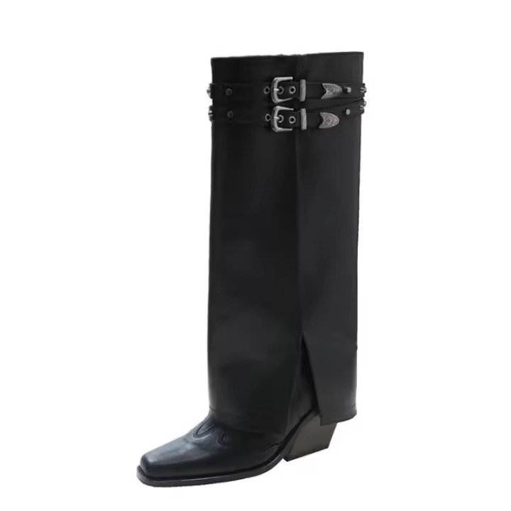 Botas Vaqueras Occidentales Para Mujer, Nuevas Botas Altas De Cabeza Cuadrada Pequeña Con Hebilla Doble De Tacón Grueso - 1