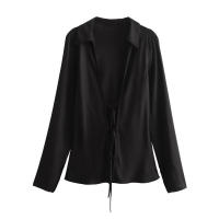 TRAFZA-camisa de satén con lazo adornado para mujer, blusa de seda con textura, informal, ajustada, de manga larga, con cuello vuelto, 2024 - details 2