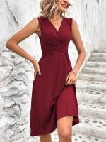 Nuevo producto verano 2025 color sólido con cuello en V, cintura cruzada plisada, vestido sin mangas, midi y largo, vestido largo de mujer - details 8