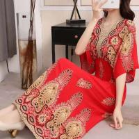 Casual bohemio estilo nacional con cuello en V cintura elástica gran Swing impreso verano Falda larga mujer vestido ropa - details 30