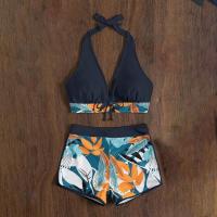 Bikini abierto con estampado de hojas retro en talla grande, conjunto de traje de baño de dos piezas con correas estables para mujer - details 100