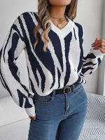Jersey con cuello en V para mujer, suéter de manga larga con patrón geométrico de contraste, hilo de rosca, Tops informales de punto, otoño e invierno, 2023 - details 6