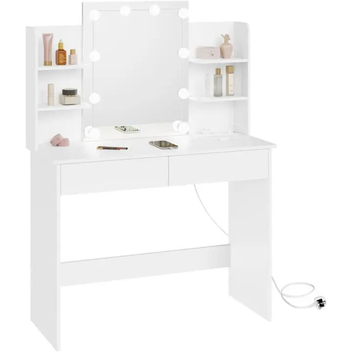 Tocador de Maquillaje con Luz y Espejo LED Ajustable Mesa Tocador con Regleta de Enchufes - 1