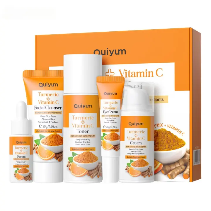 Kits de Cúrcuma Cuidado de la Piel, 5 Piezas Kit Skincare Facial Vitamina C, Set Regalo Cuidado de la Piel Mujer, Vitamina C Pack Regalo, Cuidado de la Piel con Vitamina C, kit de limpieza y cuidado de la piel-Limpiador, Suero, Crema, Tónico,Crema de Ojos - 1