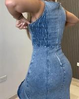 Nuevo superventas, vestido vaquero con volantes diagonales y abertura ajustada en la cintura con tirantes - details 3