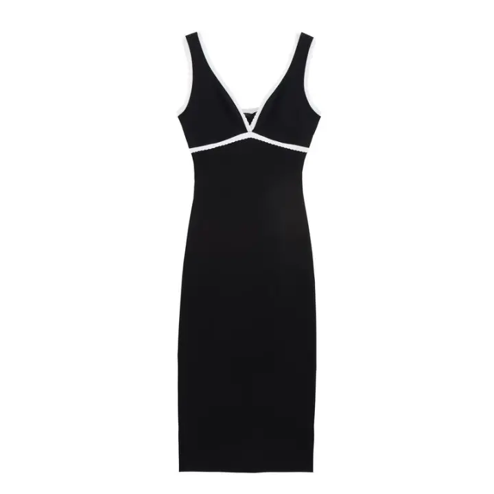 BUNO-verano elegante decoración de contraste moda mujer cuello en V sin mangas espalda descubierta Midi medias vestido de punto Mujer - 1