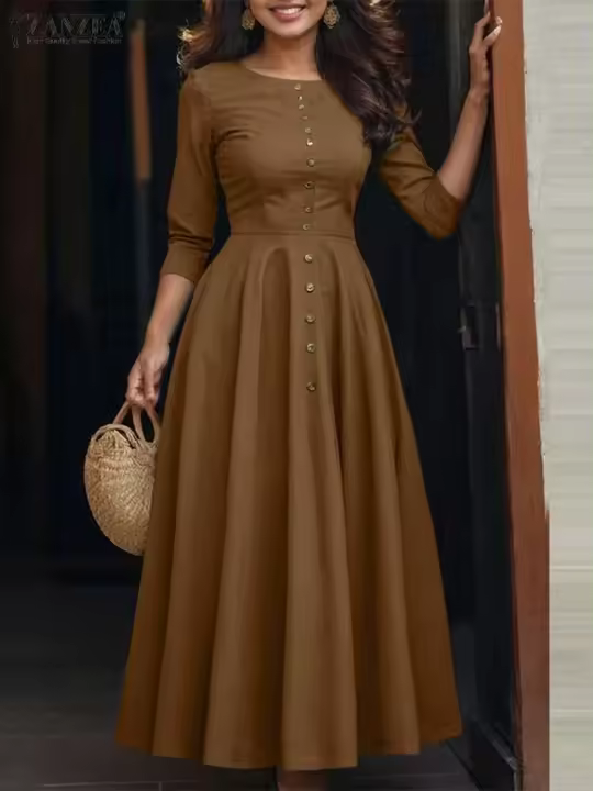 -Vestido de verano de primavera, fiesta de manga larga a la moda para mujer, bata hasta la rodilla con botones lisos, elegante e informal - 1