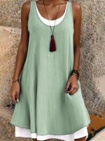 Vestido de Verano Casual sin Mangas Falda Suelta de Dos Piezas Falsas para Mujeres - details 1