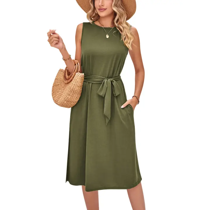 Camiseta estampada sin mangas para mujer, falda informal de playa con bolsillo, elegante, camiseta de vacaciones, bolsillo, elegante, - 1