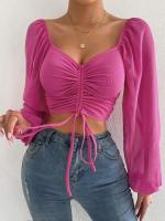 Camiseta Sexy de malla con mangas acampanadas y cordón para mujer, camiseta con ombligo descubierto en el pecho, parte inferior de manga larga - details 11