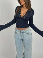 Tops de otoño para mujer, camisa corta con escote en V profundo y mangas de campaña, ropa de calle informal - details 10