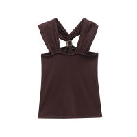 Camiseta Sin Mangas de Punto para Mujer OUWU Top Corto Ajustado Elástico con Detalle de Metal Sin Mangas y Espalda Descubierta - details 2