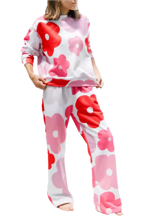 Elrachen Conjunto de salón con jersey y pantalones deportivos con estampado floral para mujer, blanco, tallas S-XL - 1