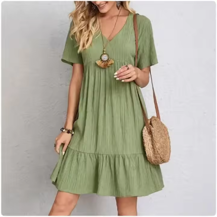 Vestidos de verano para mujer, primavera con cuello en V, mangas cortas, cintura suelta, volantes, campanas, vestidos de vocación - 1