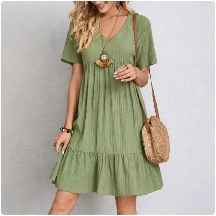 Vestidos de verano para mujer, primavera con cuello en V, mangas cortas, cintura suelta, volantes, campanas, vestidos de vocación - 1
