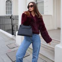 Abrigo Retro Borgoña con cuello abatible y mangas largas, abrigo corto y cálido, chaqueta holgada de piel sintética de Color sólido, abrigos de calle altos para mujer - details 14