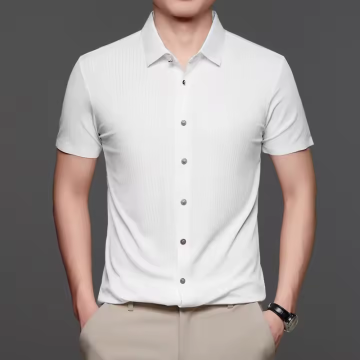 Novedad de verano, camisa de manga corta de jacquard con solapa para hombre, camisa informal de negocios de color sólido, versátil y superior - 1