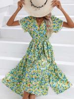 Vestido bohemio Retro de verano para mujer, manga corta, estampado básico, ventilación, Verde S - details 3