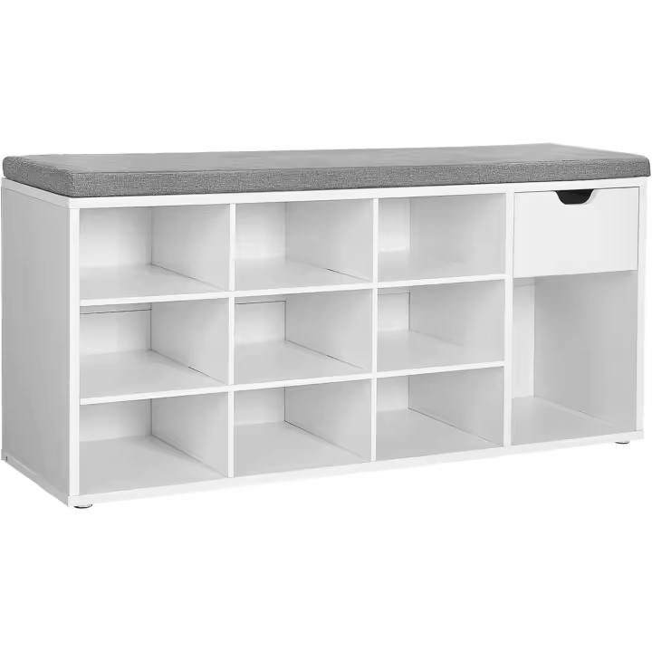 Asiento y Cojín, Banco para Zapatos con Estante, Asiento Acolchado, para Entrada Pasillo Dormitorio, 30 x 104 x 48 cm, Blanco y Gris LHS24WT - 1