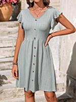 Nuevo vestido de manga corta elástico con cintura con botones y cuello en V para mujer - details 5