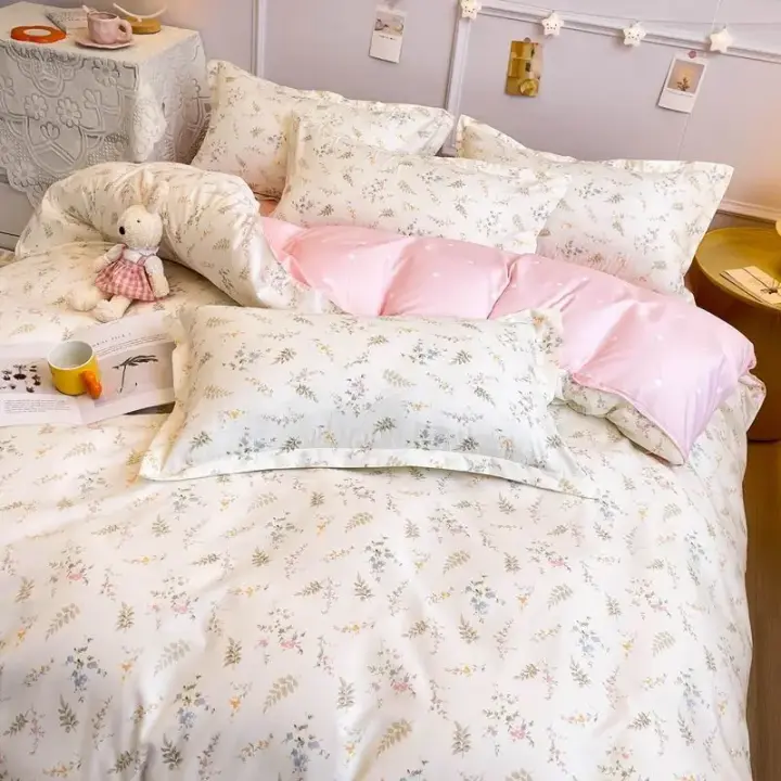 Juego de Cubierta de Edredón Estilo Ins con Diseño Floral Funda de Sábana Plana y Fundas de Almohada sin Relleno para Niños y Niñas Linen de Cama de Twin Single Queen - 1