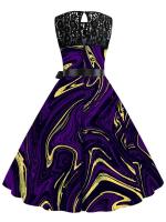 Summer elegant floral print lace women sleeveless a-line vintage midi party dress belt - details 8