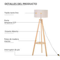 Lámpara de Pie Moderna para Dormitorio Estudio Salón con Luces E27 40W y Pulsador de Pie con Base Trípode Inoxidable 154cm - details 2