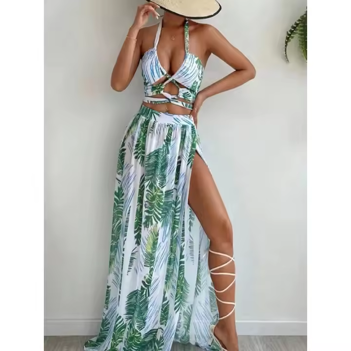 2025 Bikini con cuello cruzado, traje de baño hueco y vestido de playa, traje de baño sexy de 3 piezas para mujer, ropa de playa acolchada, natación de verano - 1
