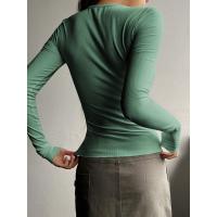 Camisetas de manga larga para mujer, Tops de punto informales, ropa de calle de moda Y2K, camiseta de Color sólido con botones, Tops acanalados - details 4