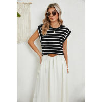 BUNO-2025 Tops para mujer, pantalón corto informal de moda de verano, camisetas básicas con textura a rayas de Color sólido y cuello redondo - details 73