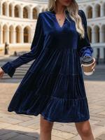 Otoño e Invierno suelto Color sólido con cuello en V vestidos de manga larga para mujer nuevo en elegante Retro Casual Midi vestido femenino - details 15