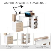 Mesa de Ordenador PC 137x55x92 cm Escritorio con Estantería de 3 Estantes 2 Cajones y Soporte para Impresora para Oficina Estudio Despacho Blanco y Roble - details 4
