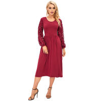 2025 primavera nuevo vestido de dama de honor de manga larga de color sólido bordado con lentejuelas de talla grande para mujer elegante - details 1
