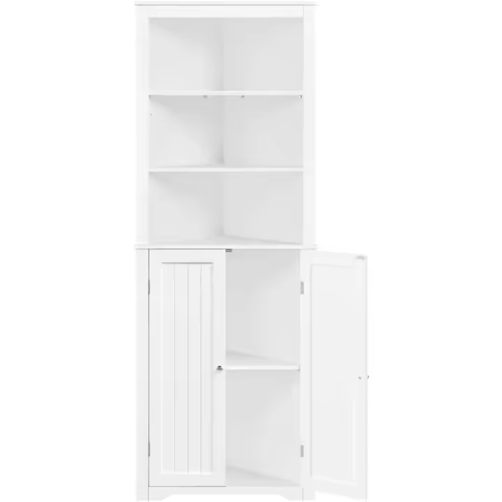 Mueble de baño de esquina, gabinete triangular de 163 x 60 x 43 cm con 3 estantes de madera abiertos y 1 armario de 3 alturas ajustables con protección antivuelco, gabinete blanco - 1