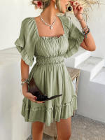 2025 primavera y verano estilo de vacaciones de ocio europeo y americano color sólido borde de hongo vestido de manga corta falda corta para mujer - details 11