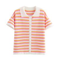 Top elegante de media manga con solapa para mujer, conjunto corto de cintura alta, camisa con estampado de rayas, pantalones cortos, traje a rayas a la moda para mujer - details 3