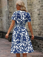 Vestido de cintura acampanada con estampado de hojas y cuello en V de manga corta para la nueva primavera verano 2025. - details 7