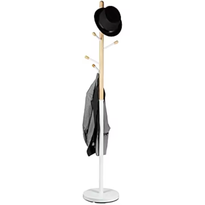 Perchero de Madera y Metal Blanco 6 Varillas, 180 x 34 x 34 cm Ideal para Oficina, Dormitorio - 1