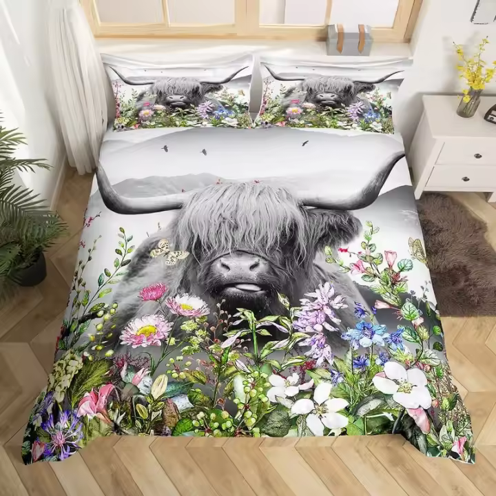 Juego de funda nórdica de poliéster con diseño de vaca de las tierras altas, funda de edredón con funda de almohada para adolescentes y adultos, tamaño King Queen, 3 uds. - 1