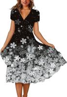 Vestido estampado con cuello en V y manga corta de talla grande para mujer - details 0