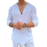 Blusa de lino para hombre, camisa informal de manga larga con cuello en V, color blanco y negro, talla grande 3xl, 2xl - details 2