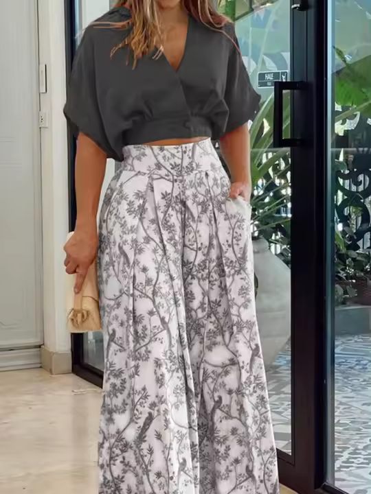 Mujer Casual 2 Piezas Conjunto Elegante Cuello En V Manga Corta Tops E Impresión Pantalones De Pierna Ancha - 1