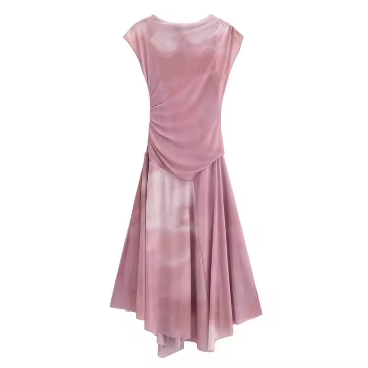 Vestido corto de manga nueva para mujer con cuello redondo y estampado de malla fruncida, dobladillo asimétrico, corte en A, vestidos de verano para estampado, dobladillo, corte, , - 1