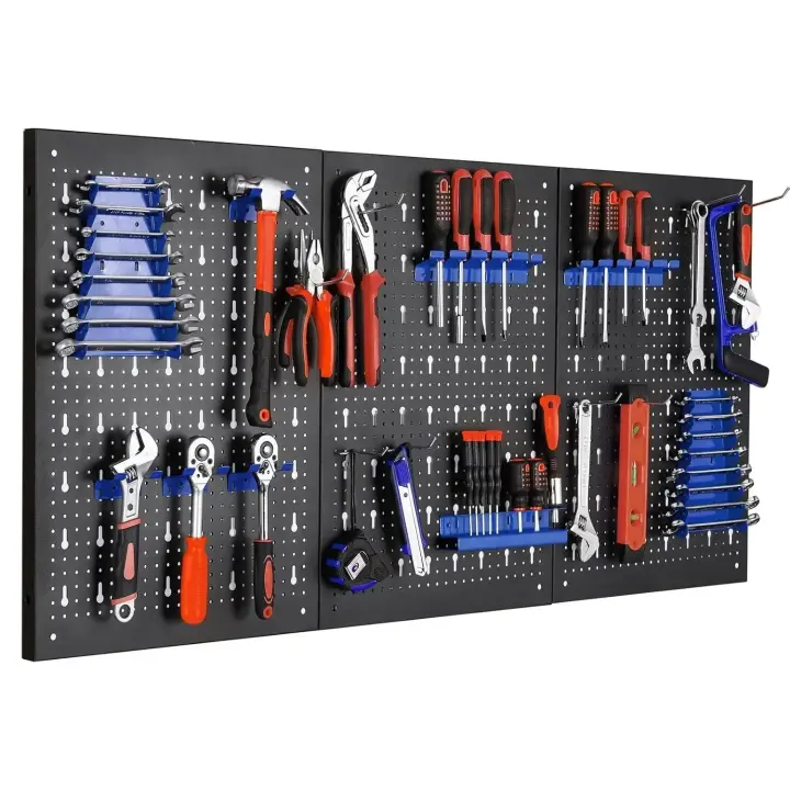 Organizador de pared de tablero de clavijas de metal de 120x60 cm con ganchos, kit de 17 piezas, contenedores de almacenamiento para garaje y organizador de herramientas de panel de tablero de clavijas. - 1