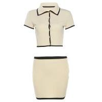 Conjunto de 2 piezas acanalado para mujer, Top corto con cuello tipo Polo y botones y minifaldas, ropa de calle elástica elegante - details 1